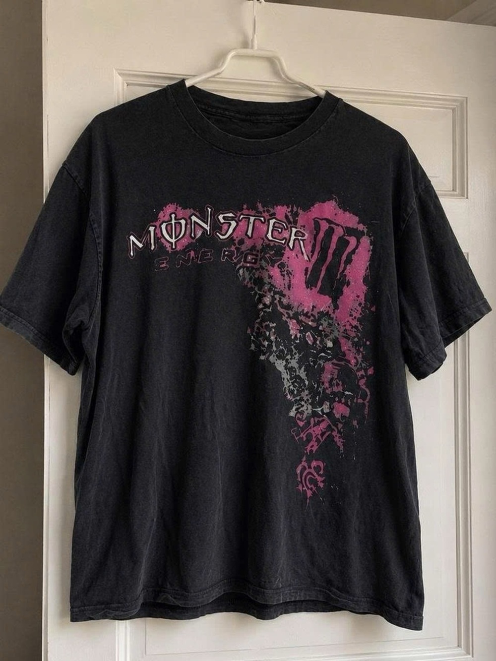 Black Short-Sleeve Monster Tee with Pink Graphic